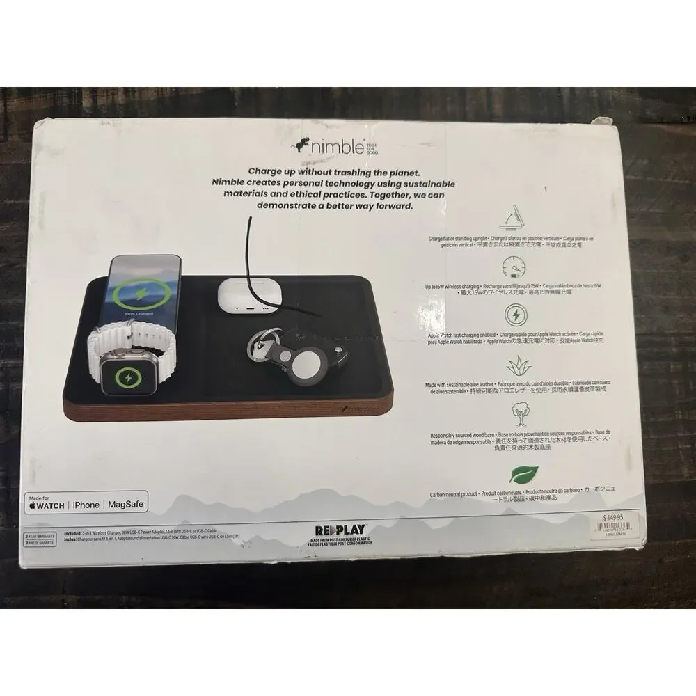 nimble 3-in-1 MagSafe Wireless Charging Stand, Wood Base, Black for Apple